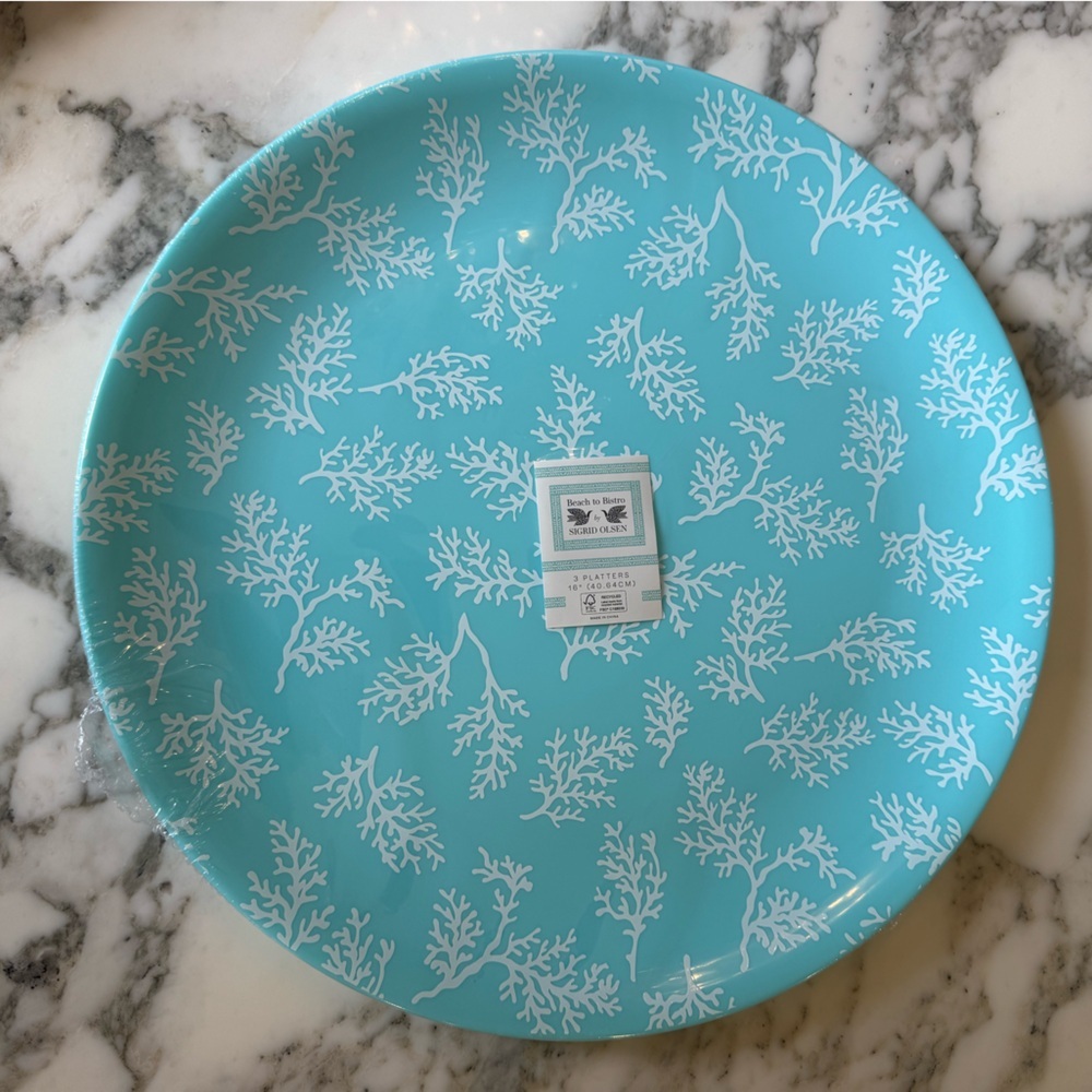 New Three Sigrid Olsen 16” plastic blue serving platters orig w plastic